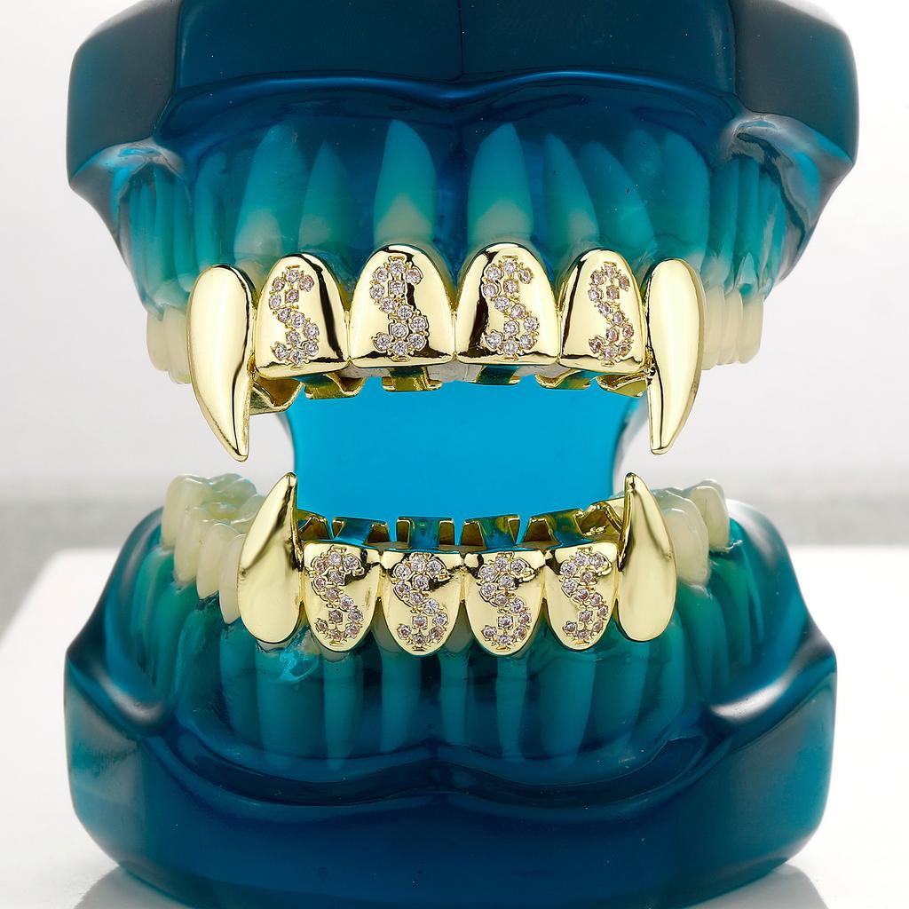 Hip Hop CZ Iced Out Full Fang Teeth Grillz With Dollar Symbol Custom Unisex Cosplay Decoration Jewelry