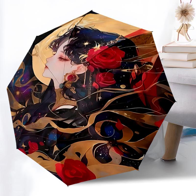 1pc Starry Night Rose Automatic Folding Umbrella, Portable 3-Fold Design with Iron Frame, Perfect for Outdoor Use, Festive Gifts, Travel, Daily U