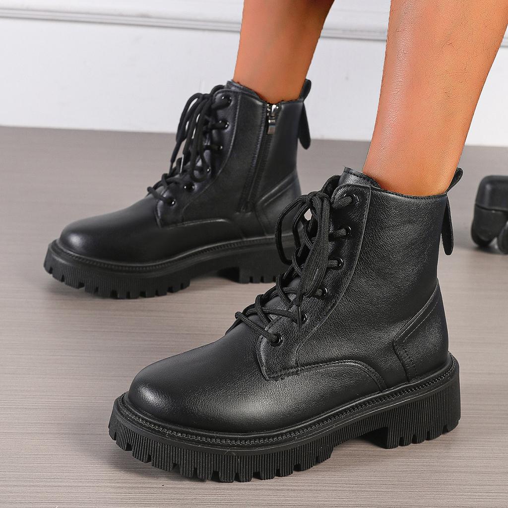 Moda 2024 Zima Grube Pluszowe Botki do Kostki Kobiety Moda Antypoślizgowe Platformowe Botki Bojowe Kobieta Sznurowane Zamek PU Skóra Botas Mujer