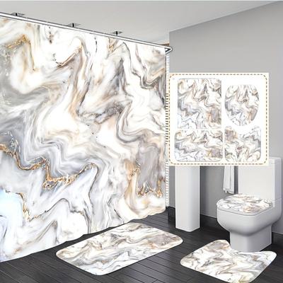 4-teiliges Duschvorhang-Set mit Marmormuster, Badezimmer-Vorhang-Set mit 12 Haken, rutschfestem Teppich, Toilettendeckelbezug und Badematte, wasserdichter Badewannenvorhang