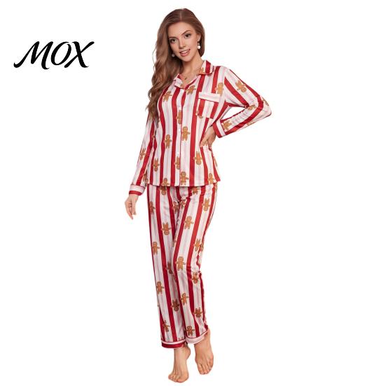 Comfortable Home Wear Christmas Pajamas 2-Piece Set for Women, Striped Gingerbread Man Print Lounge Set, Button Down Long Sleeve Top Pants Sleepwear