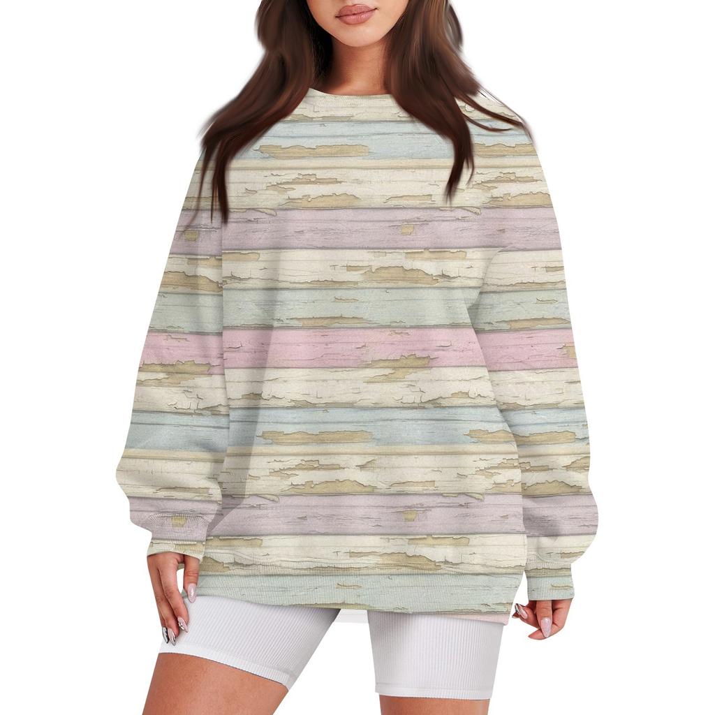 Women's Casual Print Round Neck Loose Long Sleeve Sweatshirt Top With Pocket