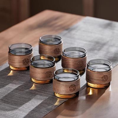 6 ks Žáruvzdorná skleněná sada šálků na čaj 150 ml Domácí kávový šálek na espresso s dřevěným držákem odolným proti opaření Kungfu čajová mistrovská sada