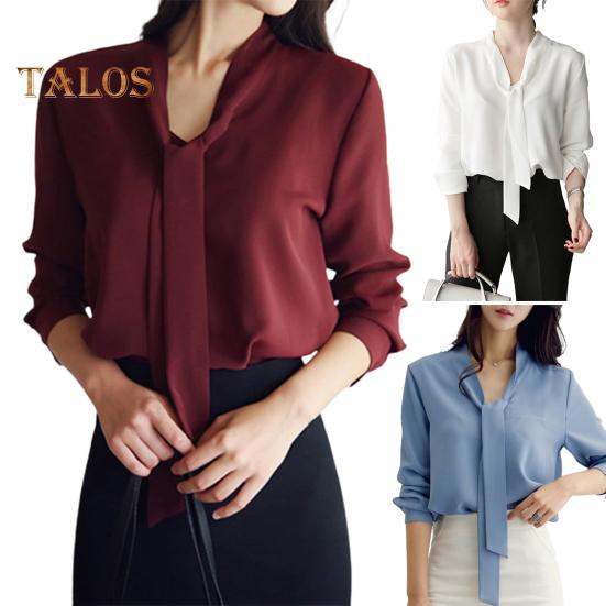 Camisa de verano para mujer, cuello en V, cuello con cordones, manga larga, jersey, tops de color liso, corte holgado, tops de oficina para mujer, ropa de trabajo