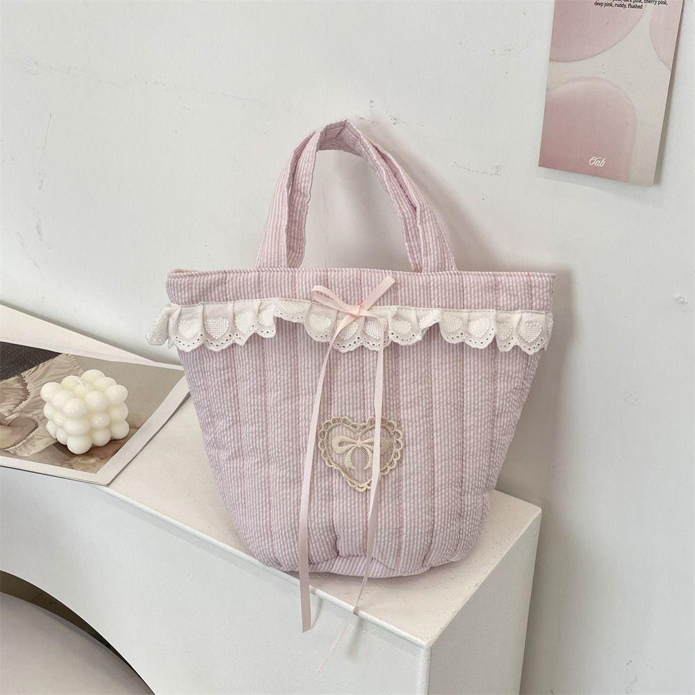 Sweet Bowknot Handbag Large Capacity Fresh Lace Lunch Bag Fashion Bucket Bag  Women