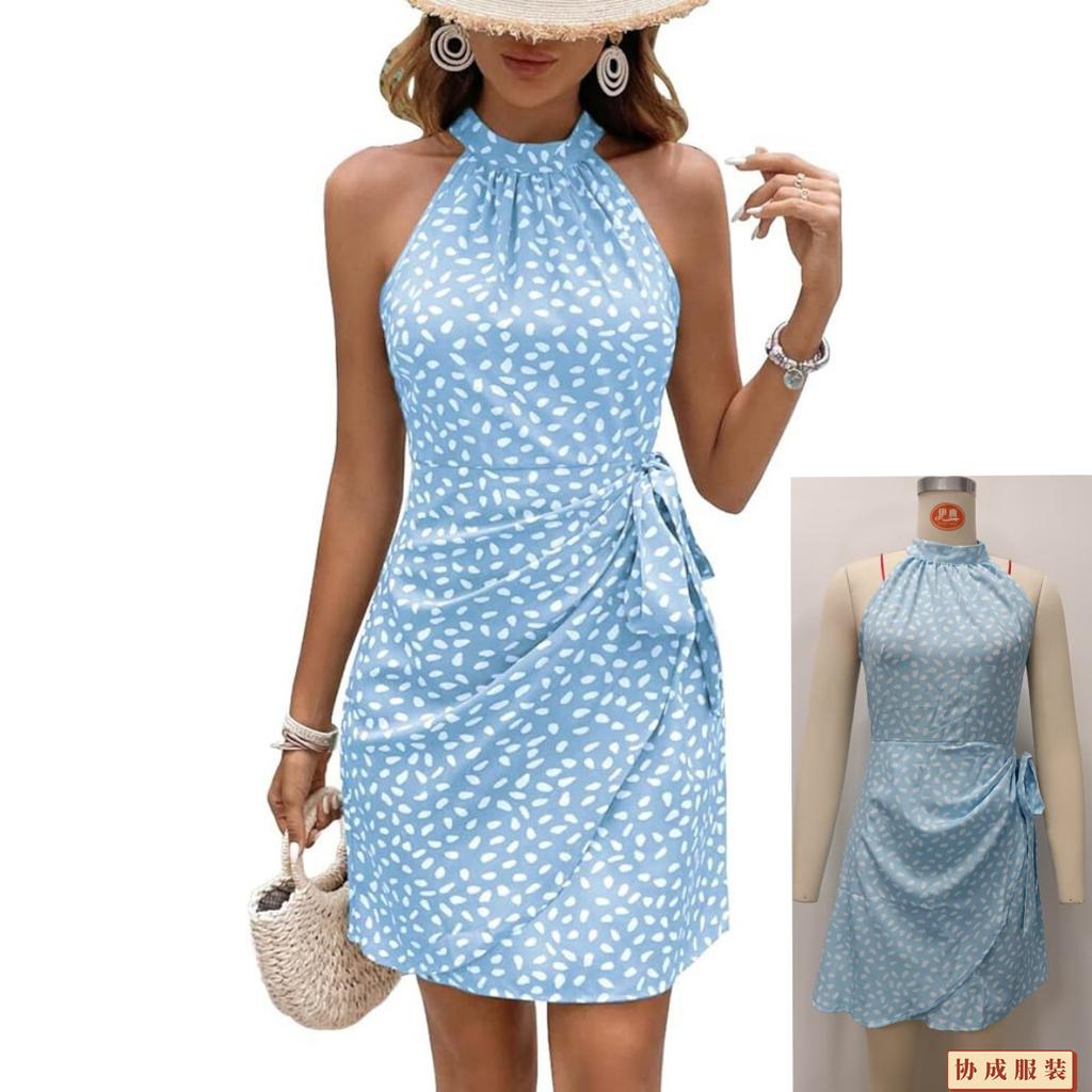 Spring Summer Women Halter Neck Sleeveless Dress Floral Printed Slim Fit Bandage Dress A Line Short Dress