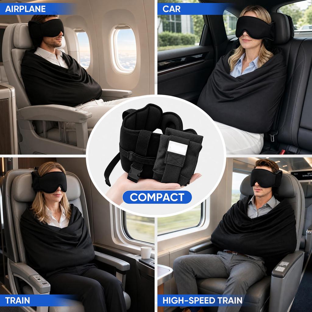 Travel Sleep Kit with Neck, 3D Sleep and Hand Support - Portable Airplane for Flight, Car and Train