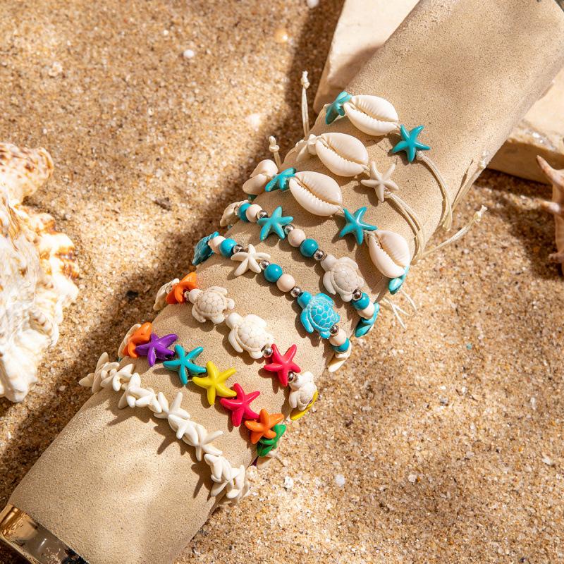 Bohemian Starfish Turtle Elastic Bracelet, Summer Vacation Wind Shell Adjustable Hand Rope Jewelry for Women