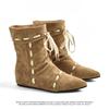 2025 Neue Plissierte Spitzschuh-Stiefeletten Damen Flache Riemen 2025 Herbst und Winter Neue Retro Nischen Mid-Leg Stiefel