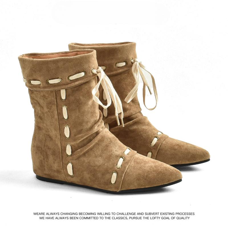 2025 New Pleated Pointed Toe Booties Women's Flat Strap 2025 Autumn and Winter New Retro Niche Mid-Leg Boots