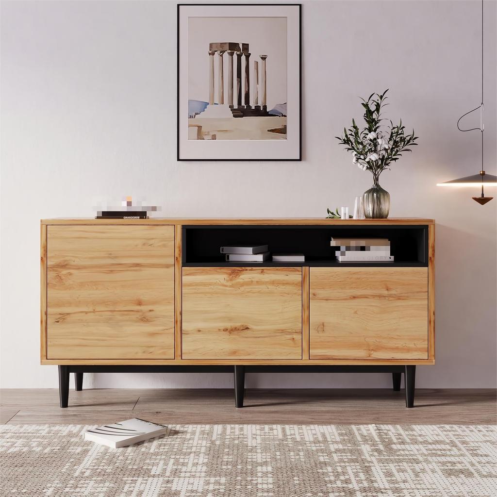 Modern wooden sideboard with three doors and shelves, 160 x 35 x 76 cm, easy assembly, space-saving design, robust and reliable