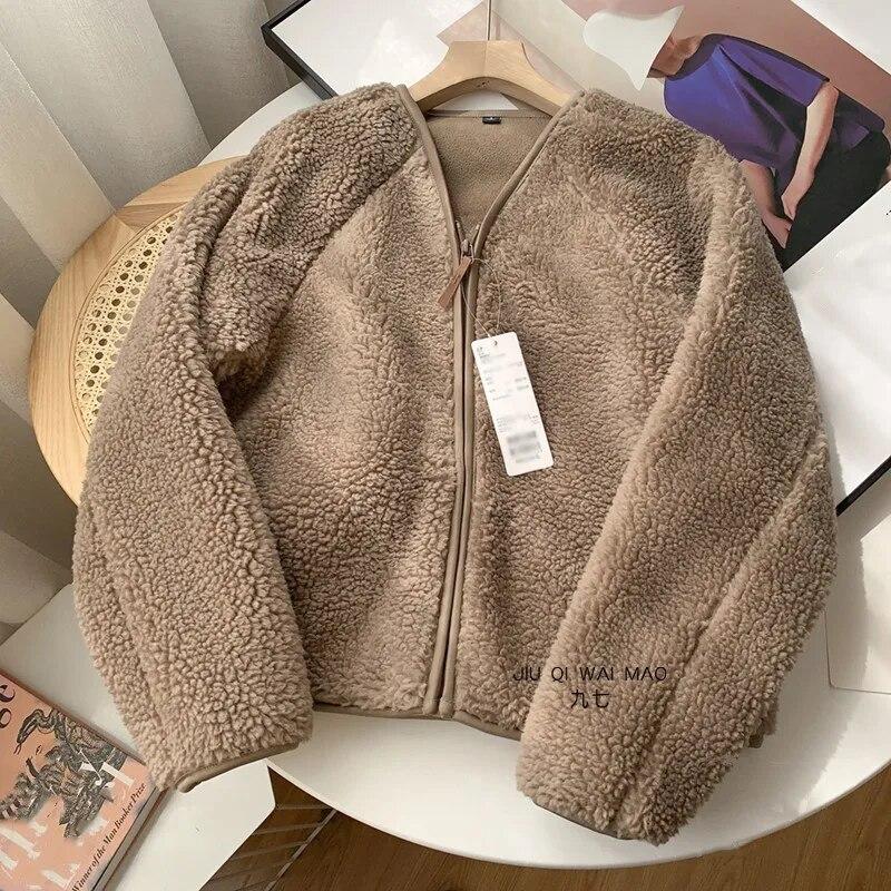 

Женские пальто из меха ягненка, осень-зима, однотонные, толстые, теплые, с v-образным вырезом и длинными рукавами, повседневные модные свободные элегантные уличные пиджаки, куртки XL верблюд