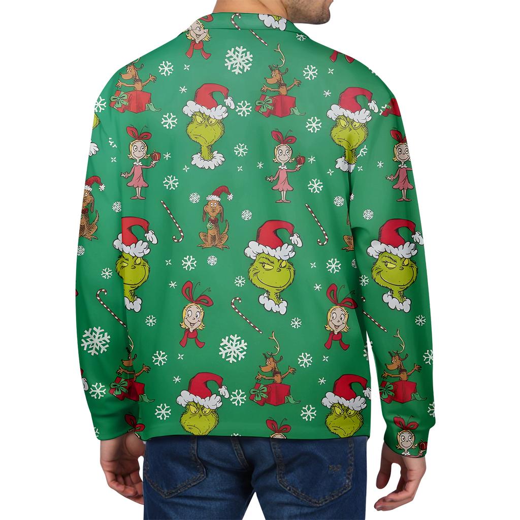 Men's Casual Christmas Print Button Long Sleeve Shirt