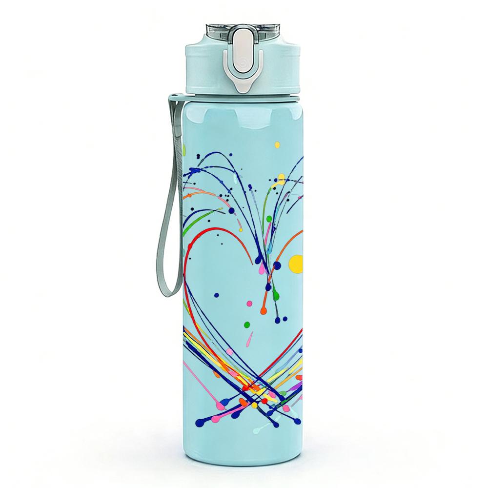 1PC Rainbow Graffiti Heart Sketch 750ml Color Plastic Sports Water Bottle Leakproof Flip Straw Lid Suitable for Sports Office Home Use