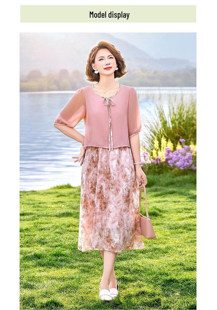 Elegant Summer Chiffon Dress for Middle-Aged Women - New Chinese Style Fashion