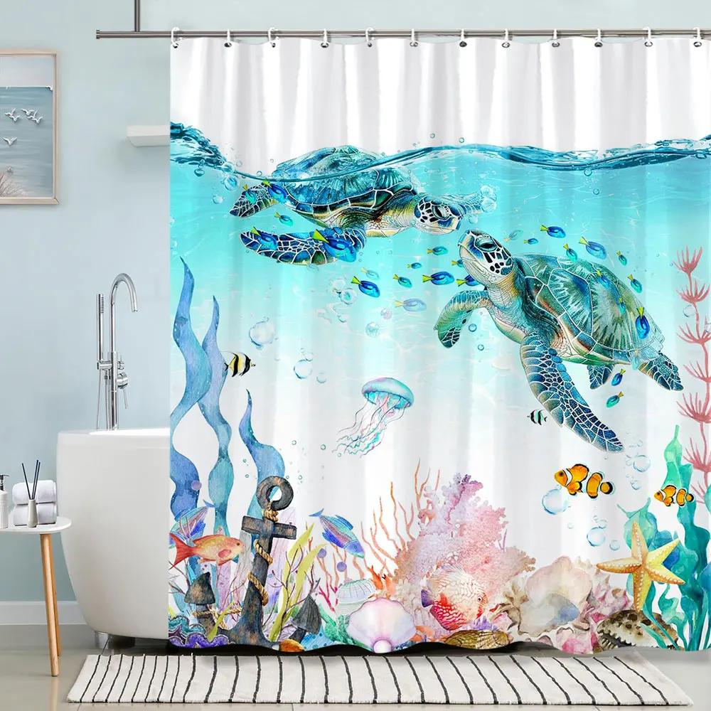Turtle Shower Curtain Summer Beach Anchor Nautical Starfish Watercolour Art Creative Polyester Shower Curtains Bathroom Decor