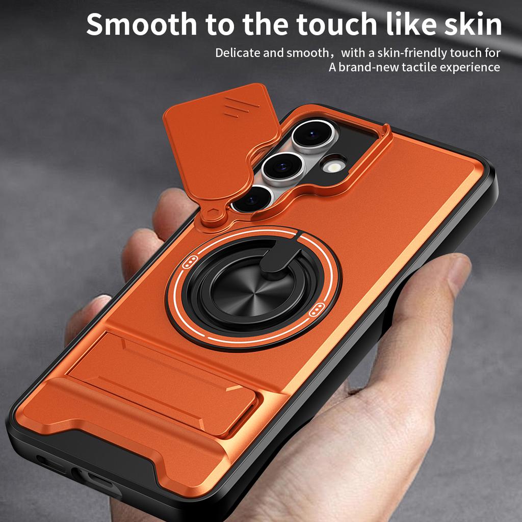 For Samsung Galaxy S24 FE Magnetic Case Ring Holder Foldable Kickstand TPU PC Phone Cover with Camera Lens Slider