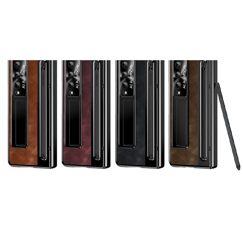Leather Bracket Pen Slot With Stylus Case For Samsung Galaxy Z Fold7 6 5 4 Glass Screen Hinge Protection Cover For Z Fold 6 Slim