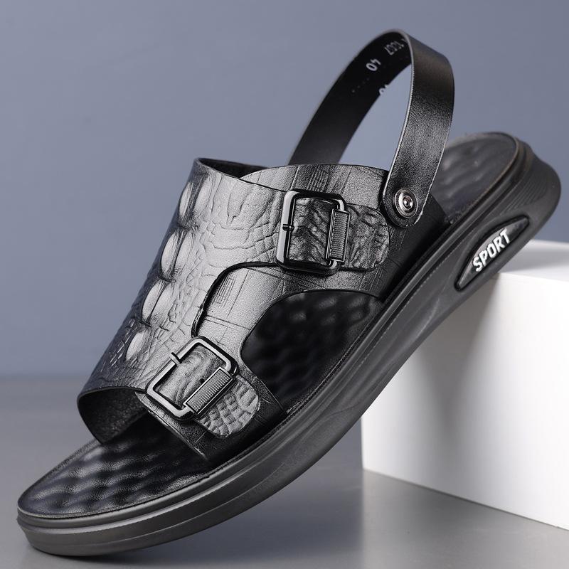 

Мужские сандалии летний тренд тиснение под крокодила пляжная обувь мужские мягкая подошва нескользящие уличные двухцелевые крутые шлепанцы мужские 38 чёрный