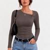 Knitted base shirt for women in spring and , with temperament and atmosphere, slanted collar top, moderate length, long sleeves