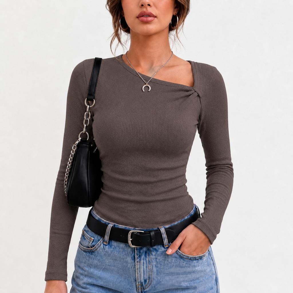 Knitted base shirt for women in spring and , with temperament and atmosphere, slanted collar top, moderate length, long sleeves