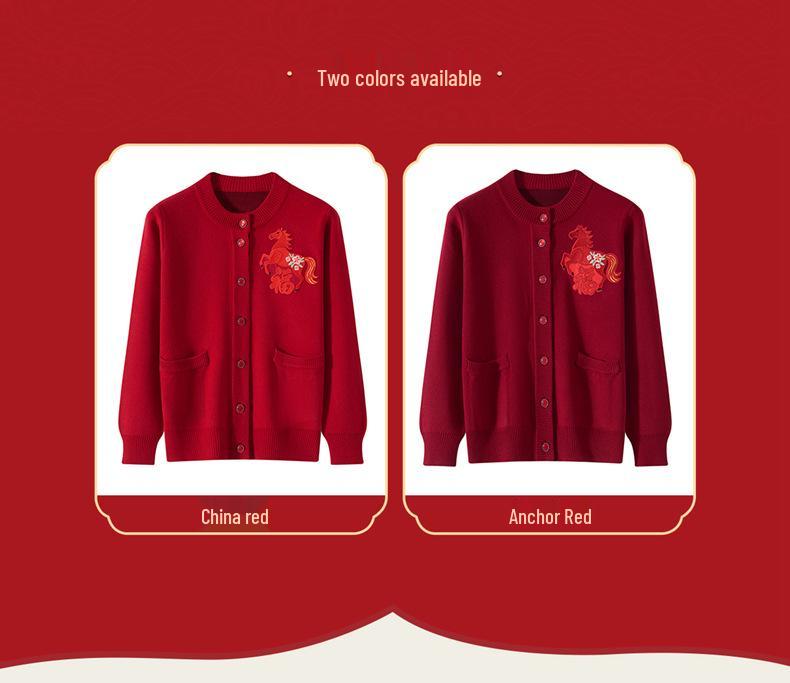 2026 Autumn/Winter Fine Wool Horse Embroidery Cardigan for Middle-aged & Elderly