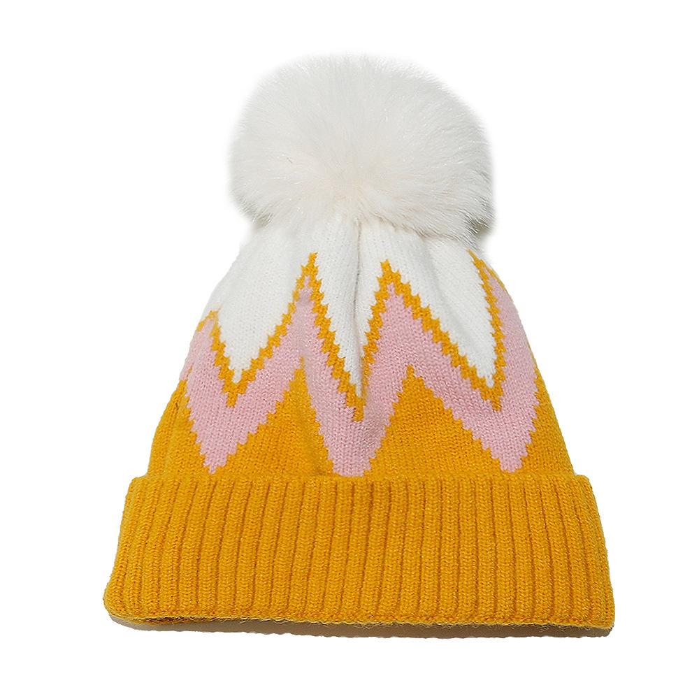 2025 autumn and winter wool knitted hat women's hairball pullover hat geometric wavy striped fleece warm hat women