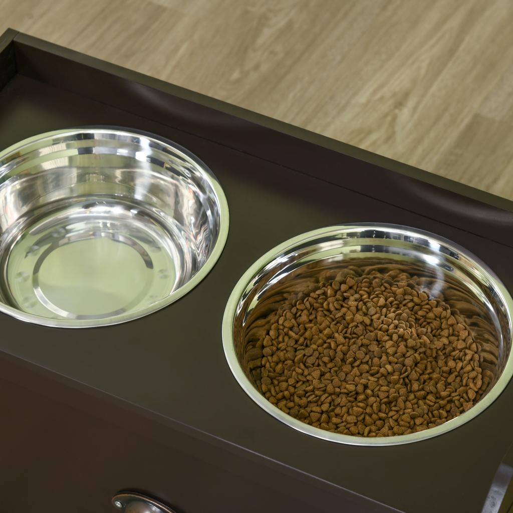 Elevated Dog Bowls, 2-in-1 Bowl Holder Storage, Drawer, 2 Bowls, 60 x 30 x 36 cm, Coffee Brown