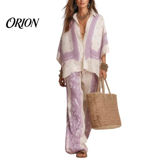 Skin-friendly Women Top Women s Boho Cotton Linen 2 Piece Sets, 3/4 Sleeve Printed Shirts Casual Summer Set And Wide Leg Pants Matching Loose Vacation XL