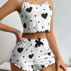 Romantic Heart Print Sleepwear Set With Stretchy Polyester For Young Women
