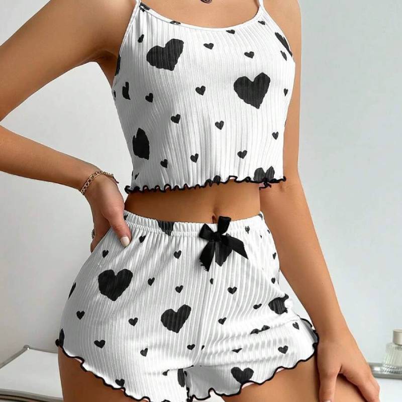 Romantic Heart Print Sleepwear Set With Stretchy Polyester For Young Women
