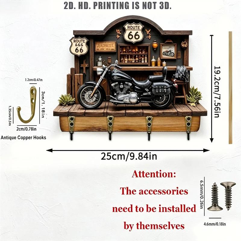 Motorrad-Thema Wandmontiertes Schlüsselbrett Holz 2D Flach 4 Metallhaken Dekorativer Organizer für Man Cave Garage Dekoration