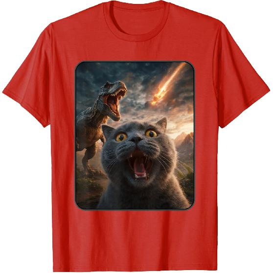 Cat Selfie with T-Rex Dinosaur Funny Cat T Rex Shirt Meme T-Shirt