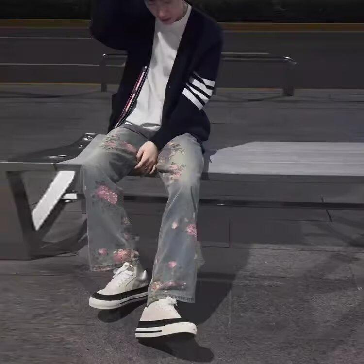 Full of Rose Flower Jacquard Jeans Men's Trendy Brand Handsome Pants American High Street Slightly Curved Pants