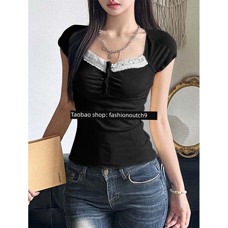 

2025 Сексуальный облегающий вязаный кружевной топ с короткими рукавами Black XL