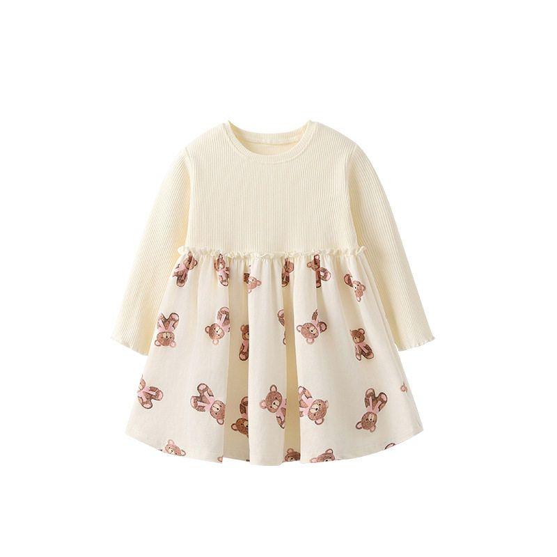 Girls' Bear Long-Sleeved Princess Dress Spring and Autum Kidsren's Clothing European and American Style Baby Girl's Fashionable Dress Kidsren's Skirt