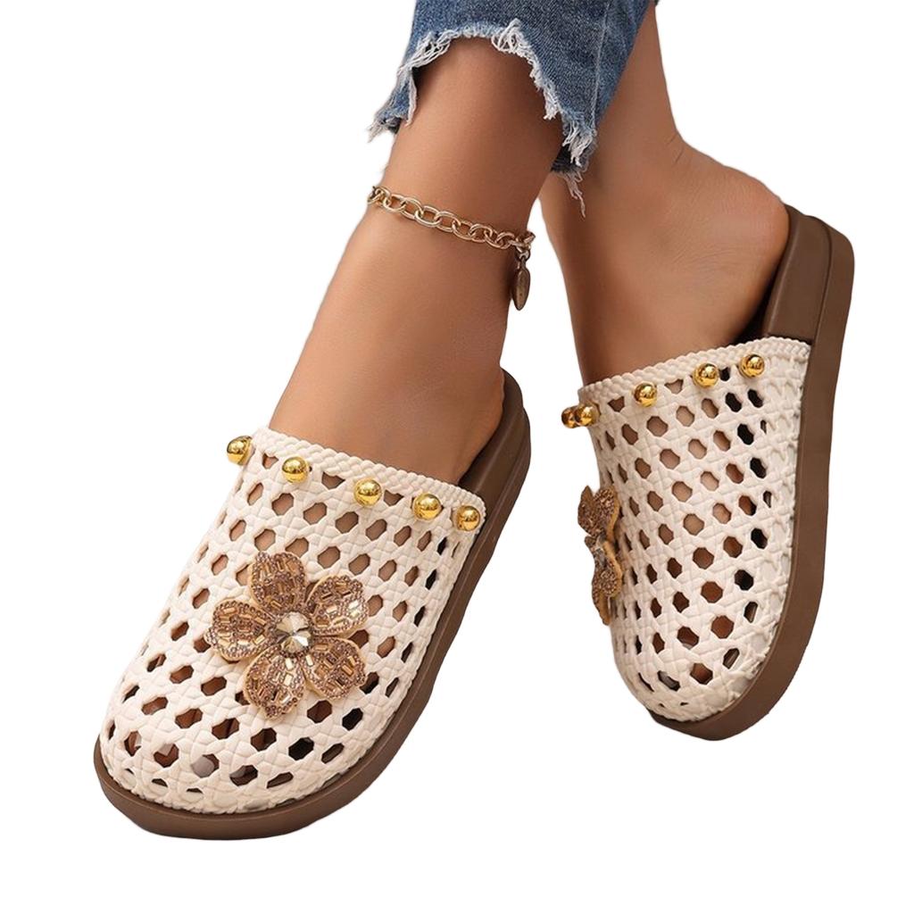 Summer Women Mesh Hollow Woven Open Toe Slippers Lightweight Breathable Slip On Casual Flat Sandals for Indoor Outdoor Use