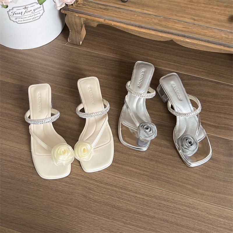French Thick-heeled Sandals for Women To Wear In Summer, Paired with Skirts, Rhinestone Fairy High Heels and Flip-flops