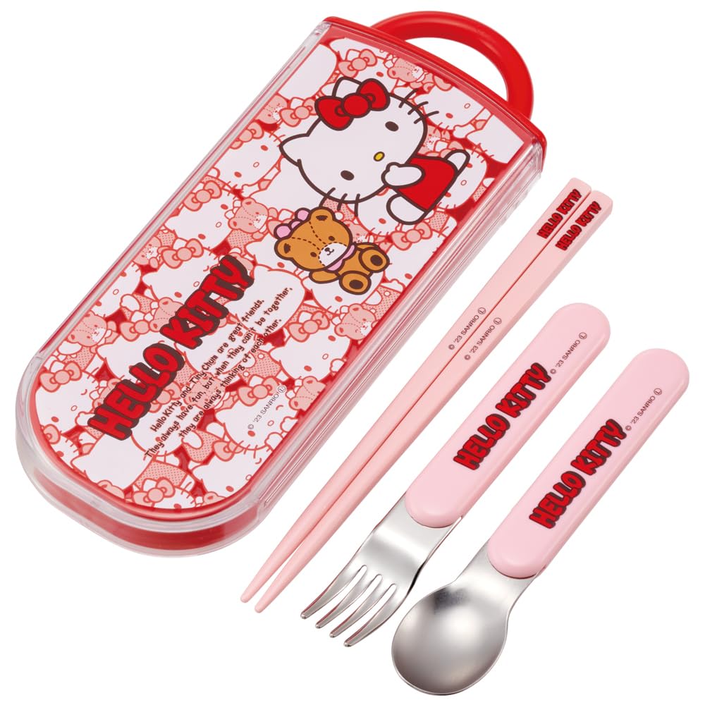 Skater Lunch Box Trio Set Hello For Made in Chopsticks, Spoon, Fork, Kitty, Ushirou-shiro, Sanrio, Children, Antibacterial, Easy-to-open Slide-type,