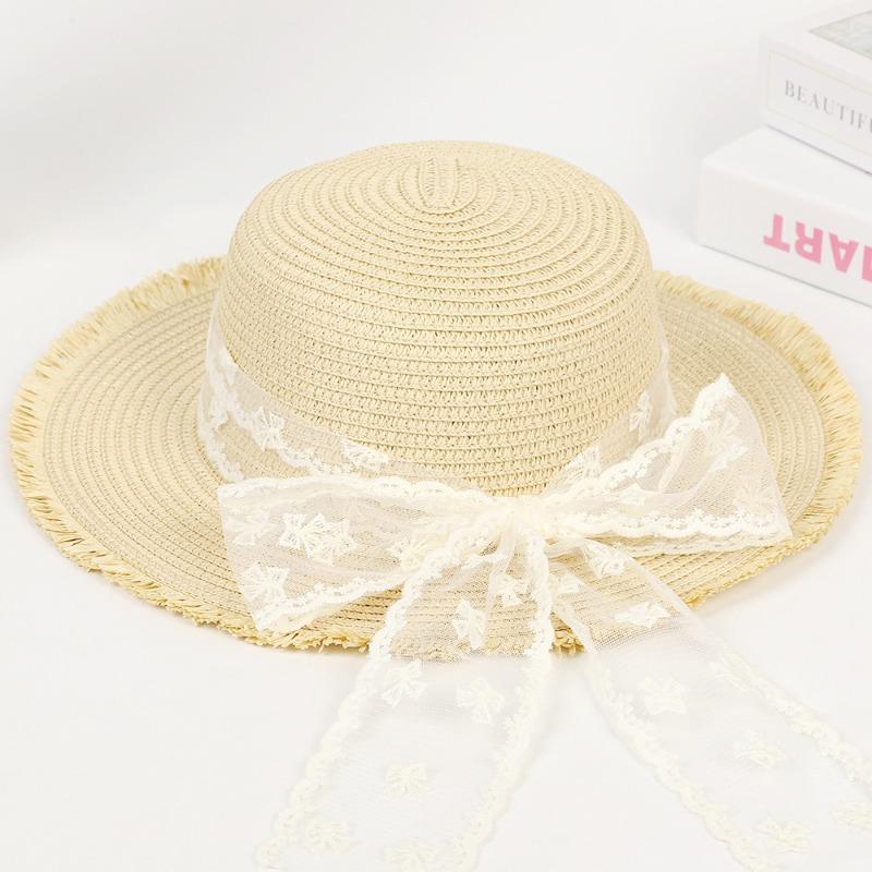 Flat top straw hat women's beach sunscreen bow top hat photo vacation straw weaving simple temperament sun hat