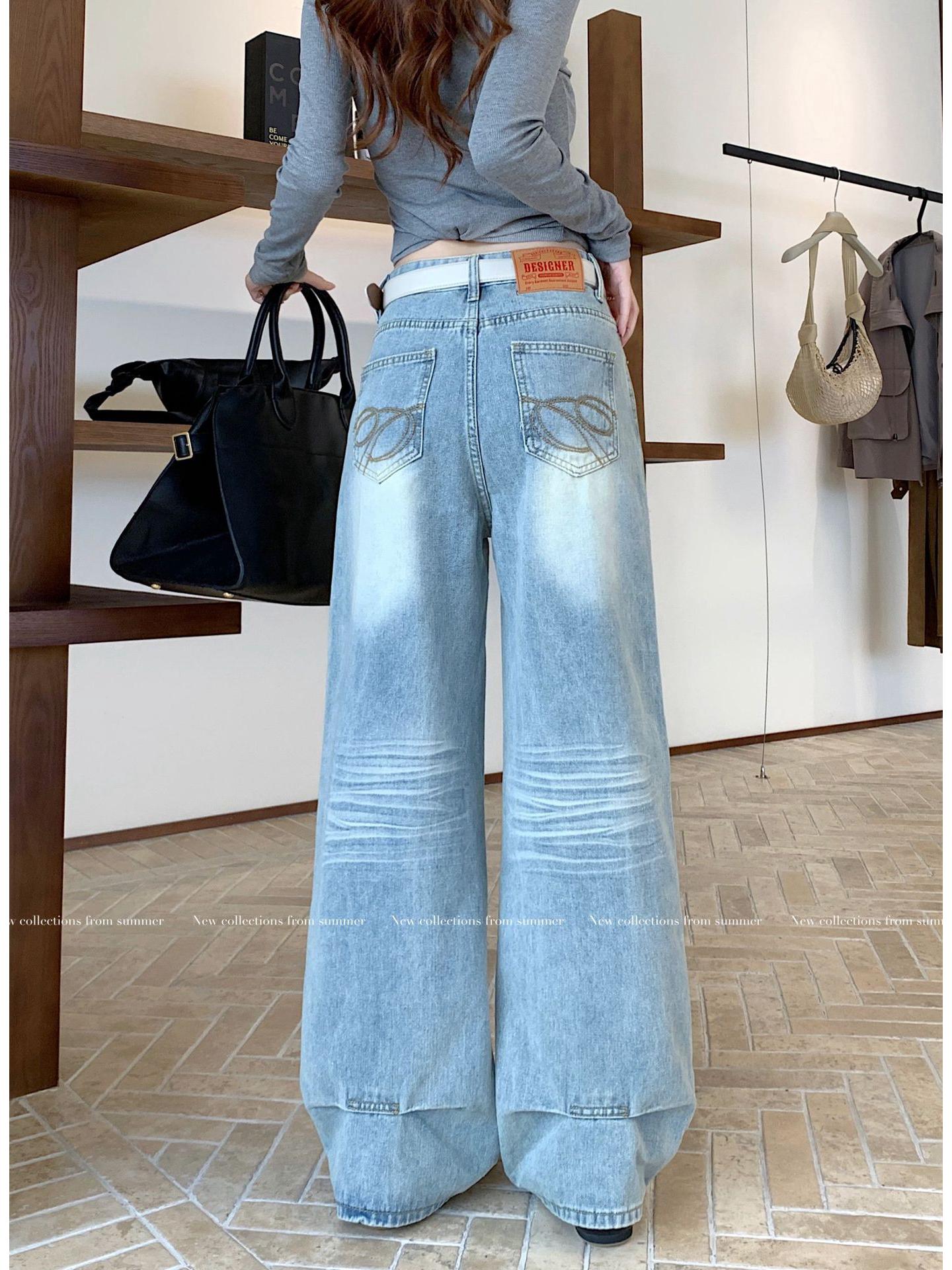 Women s Autumn Blue Drapey Wide-Leg Jeans - Versatile, Loose, Straight-Leg Pants L синий