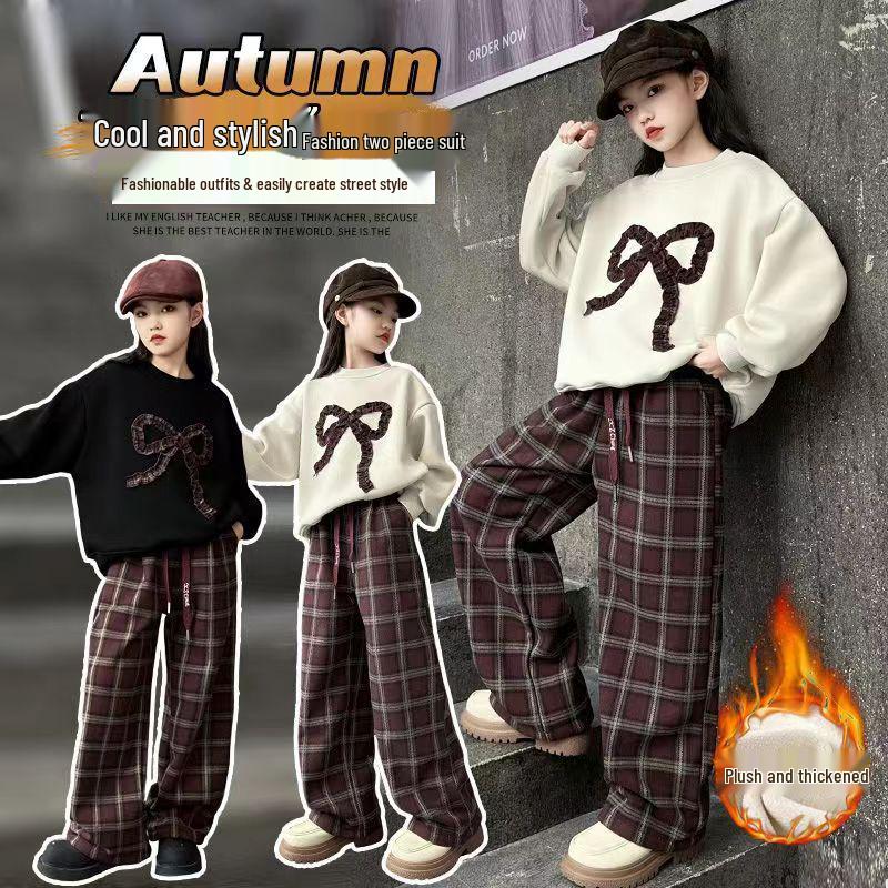 Girls' Fashionable Plaid Pants & Bow Sweatshirt Set - Autumn/Winter 2025