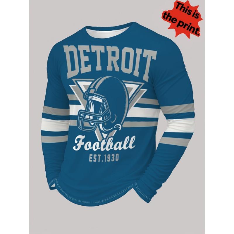Gedrucktes Design – Nicht strukturiert/Bestickt/Mit Pailletten. Blaues Langarm-T-Shirt mit „DETROIT Football EST.1930“ und einem Football-Helm-Aufdruck