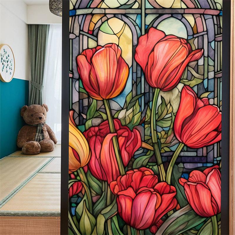 Gebeizte bunte tropische Pflanzenblumen, Ozean-Sonnenaufgang, Fensterglas, statische Aufkleber, entfernbare dekorative PVC-Folie für das Home Office