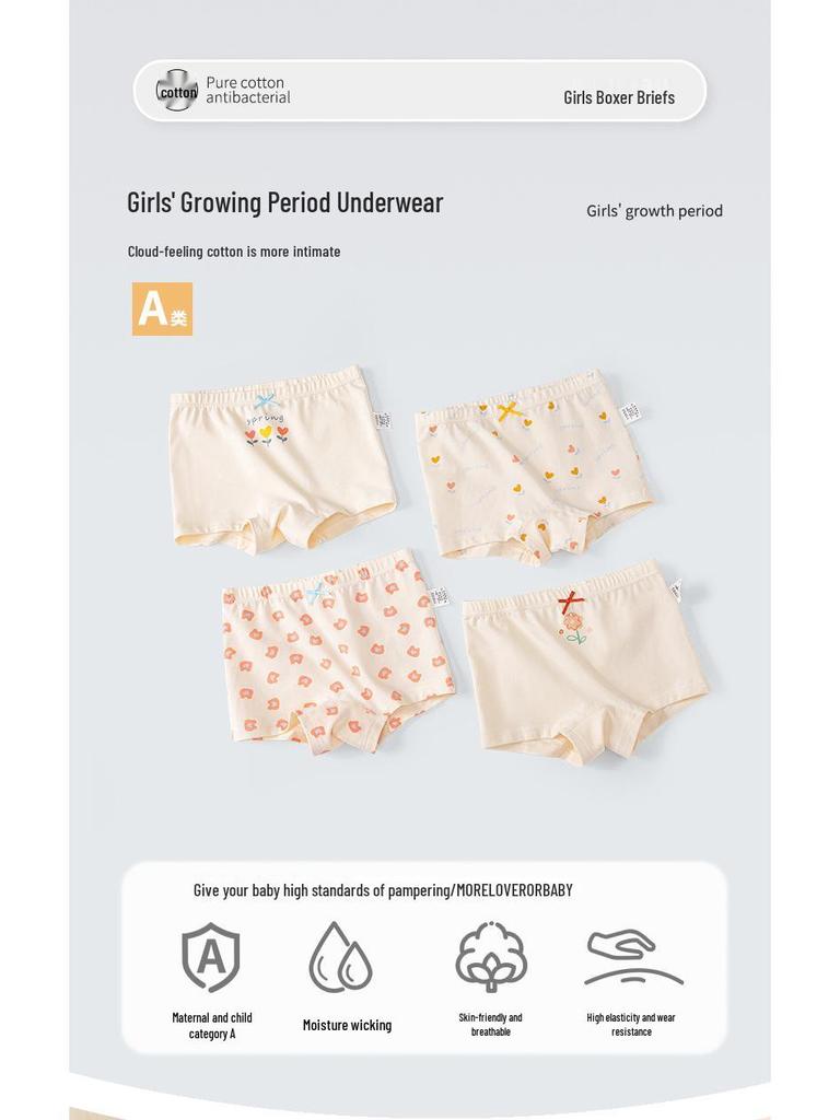 Kids' Pure Cotton Cartoon Boxer Briefs - Antibacterial Korean Style for Baby Girls
