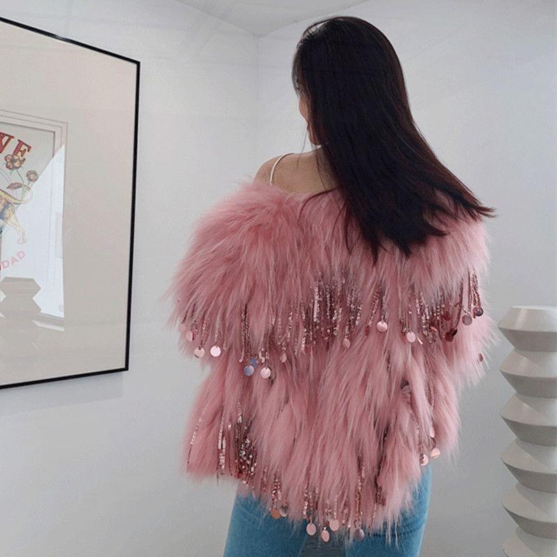 Cappotto rosa in finta pelliccia da donna con scollo a V, paillettes e frange, giacca corta, capospalla invernale soffice