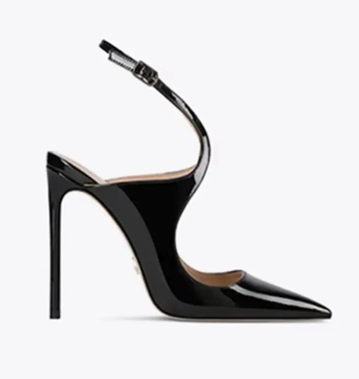 Fashion Black Slingback Cross Strap Women Pumps Thin Heels Patent Leather Shoes Ankle Strap Spring/autumn Pointed Toe Dress Career Pumps