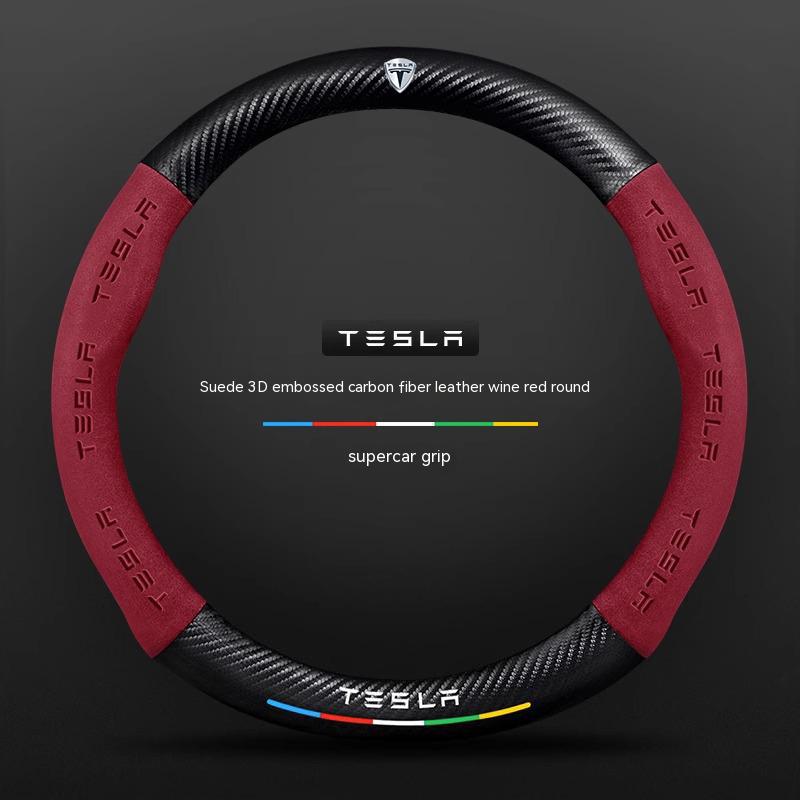 ALA1 Tesla Model 3 Model Y Model S Model X Roadster Suede Carbon Fiber Anti-slip Breathable Car Steering Wheel Cover Auto Accessories