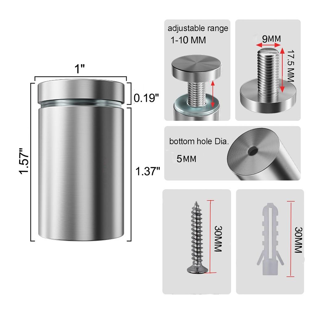 Sign Standoff Screws 1/2 X 1 Inch Stainless Steel Stand Off Wall Mounts Advertising Screw Hardware for Acrylic Signs