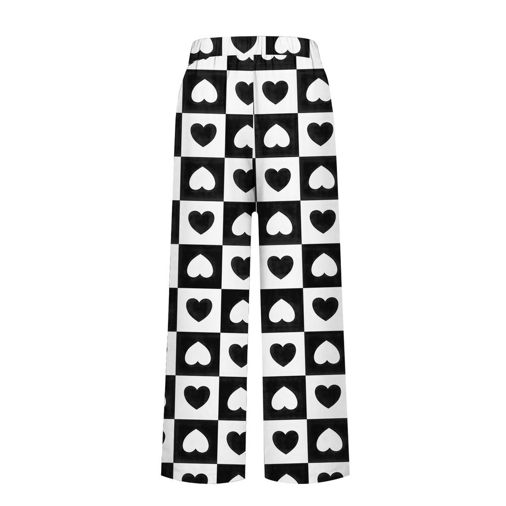 Damenhose aus Baumwollleinen, bedruckt, Sommerhose mit weitem Bein, lässig, locker, Kordelzug, hohe Taille, Palazzo-Hose mit Taschen